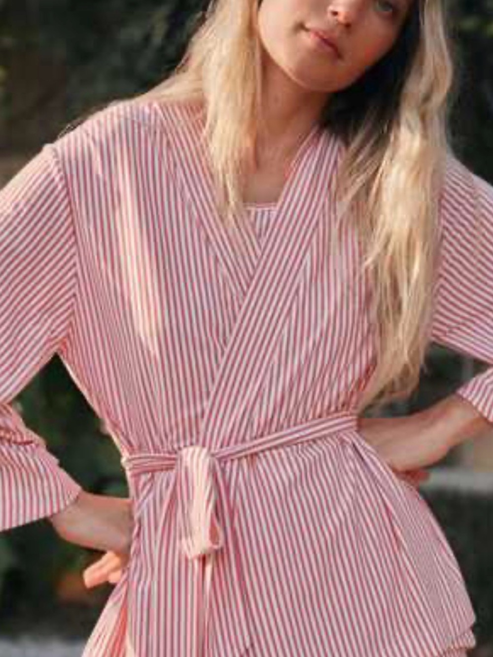 LAKE Pajama DreamModal Kimono Robe Wrap Top Red and White Striped Medium - Picture 2 of 11